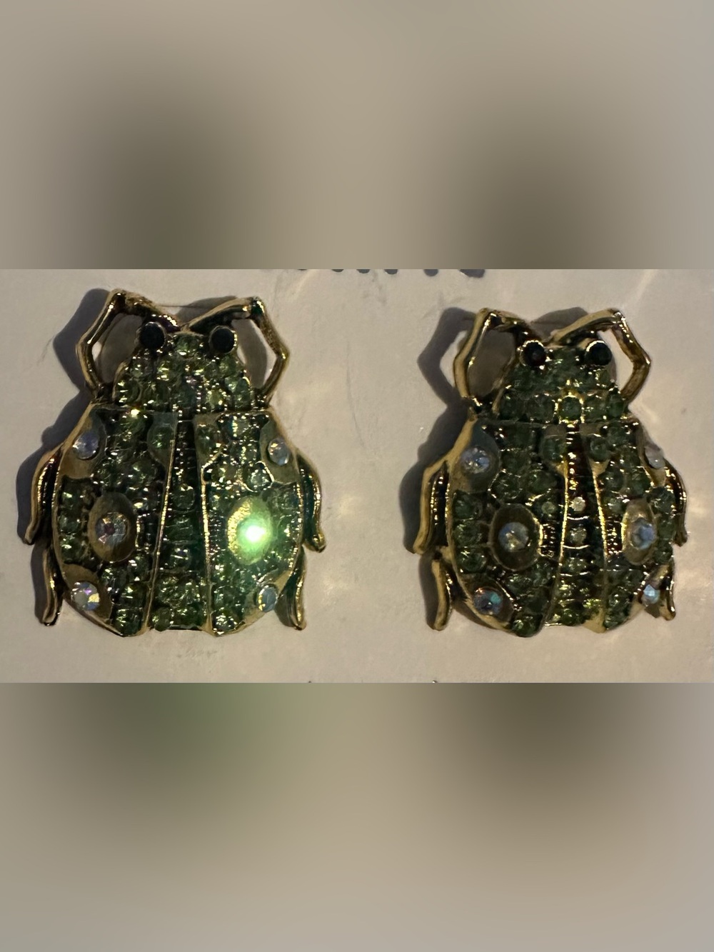 Gold-Tone Green Crystal Ladybug Earrings
